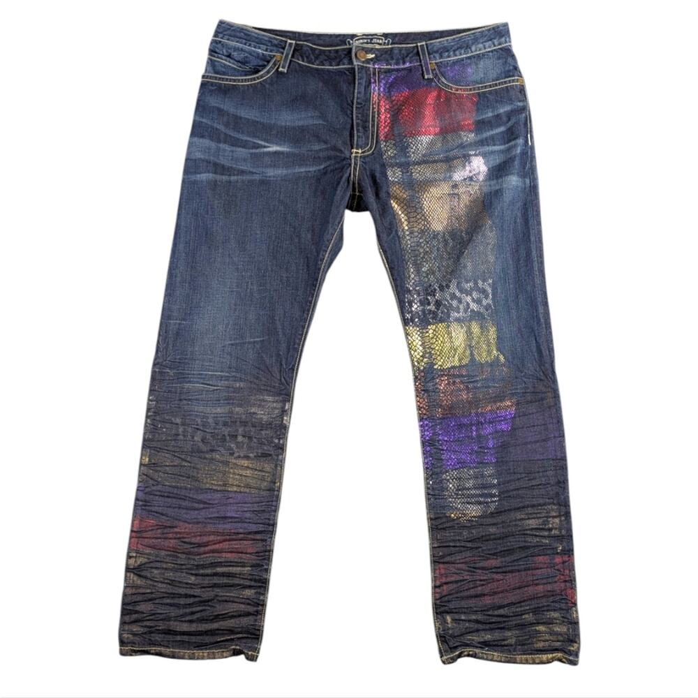 Robin’s Jean Marlon Paint Splatter Metallic Y2K Straight  Size 42 USA Made J1785